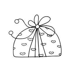 Linear sketch, outline of a gift in festive packaging for Valentine's Day. Vector graphics.