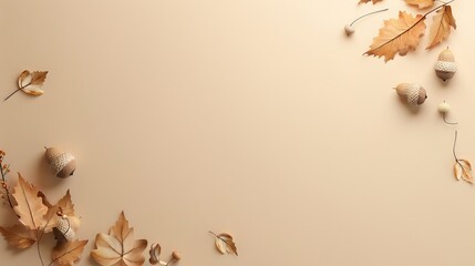 An elegant fall banner with a minimalist design featuring a few scattered acorns and leaves on a neutral background
