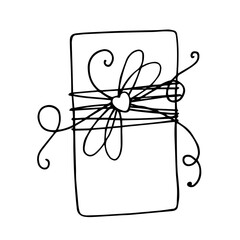 Linear sketch, outline of a gift in festive packaging for Valentine's Day. Vector graphics.