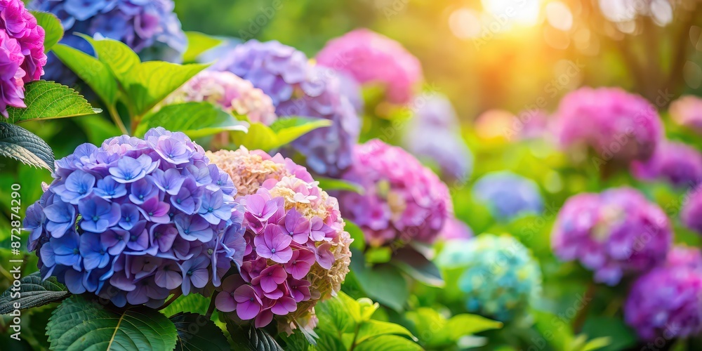 Wall mural Beautiful hydrangea blooms on a colourful flowers bush against a background, hydrangea, blooms, flowers, bush, colourful, vibrant