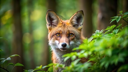 Fototapeta premium Sly fox in the forest, blending into its surroundings, red fur, cunning, sneaky, wildlife, intelligent, clever, predator