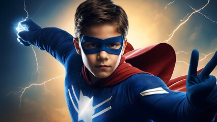 young boy dressed as a superhero giving a thumbs up