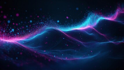 Neon Wave, A Vibrant Digital, A mesmerizing digital artwork depicting a vibrant wave of energy composed of luminescent particles, flowing seamlessly in shades of blue, pink, and purple. 