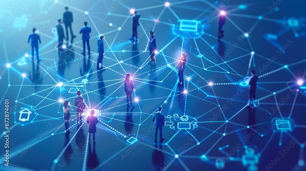 Poster business team network with efficient communication system, featuring connected employees and decentr
