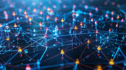 Business team network with efficient communication system, featuring connected employees and decentralized networking for enhanced collaboration