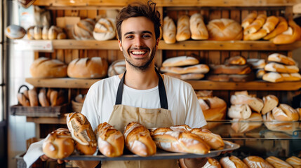 Sales with smile in bakery shop selling breads