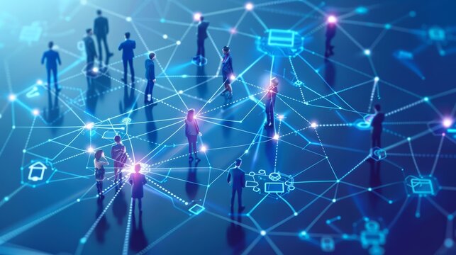 Business team network with efficient communication system, featuring connected employees and decentralized networking for enhanced collaboration