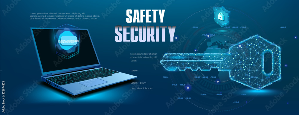 Poster safety and protection. cyber banner with digital key hologram and open laptop. glowing electronic ke