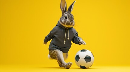 Stylized Rabbit Athlete in Neo Pop Sportswear Playing with Soccer Ball on Yellow Background