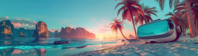 Digital sightseeing adventure, exotic landscapes, virtual tour, futuristic tone, Triadic Color Scheme, front view, explore in VR, copy space for text,