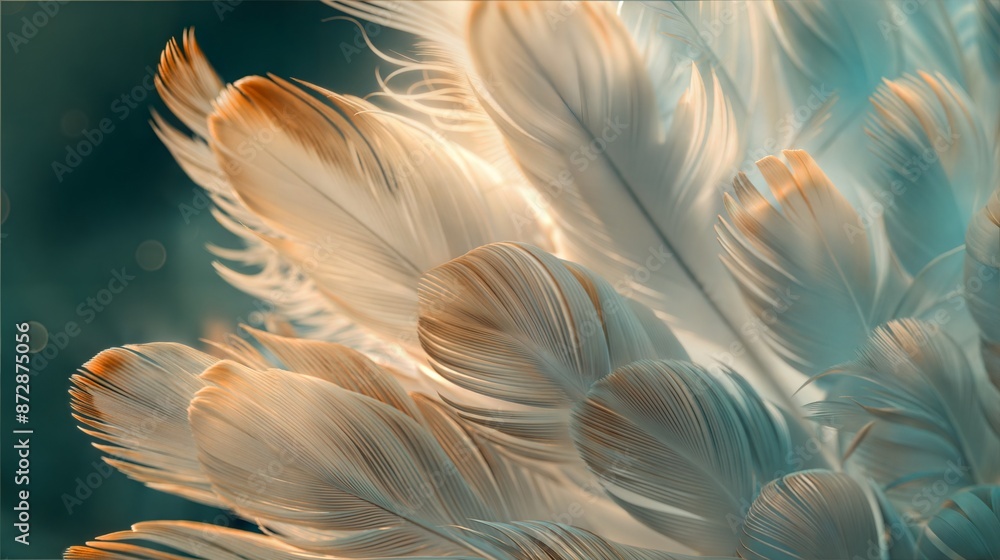 Poster soft and delicate white feathers close-up with gentle light and bokeh