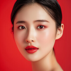 Fototapeta premium Closeup portrait of young Asian beautiful woman with Korean beauty make up style and healthy and perfect skin isolated on pink background for skincare commercial product advertising.