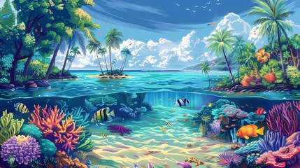 Illustrate a vibrant tropical paradise, with palm trees, turquoise waters, and colorful coral reefs teeming with marine life.