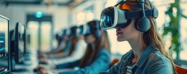 Interactive VR tutorials, educational simulations, engaging students, advanced tone, Tetradic color scheme, side view, innovative virtual learning, copy space for text,