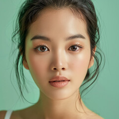 Fototapeta premium Closeup portrait of young Asian beautiful woman with Korean beauty make up style and healthy and perfect skin isolated on pink background for skincare commercial product advertising.