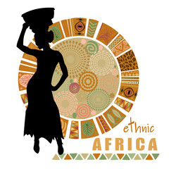 African woman silhouette with ethnic patterns on white background. Vector illustration