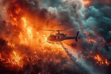 A helicopter bravely fighting an intense wildfire, dispersing water onto the raging flames and thick smoke below, showcasing the heroic efforts in fire disaster management.