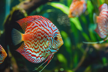 Red And White Discus Fish Swimming In An Aquarium. Generative AI