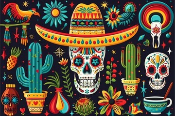 Vibrant Mexican-themed illustration with colorful skulls, sombreros, and cacti, showcasing festive culture and lively artistry in a detailed, dynamic design.