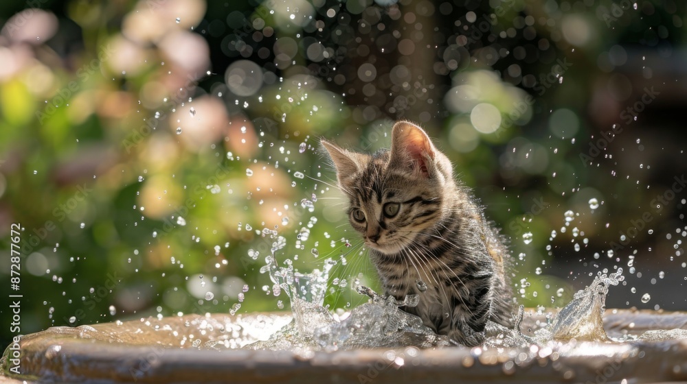 Poster a kitten playing with water in a birdbath, splashing and having fun