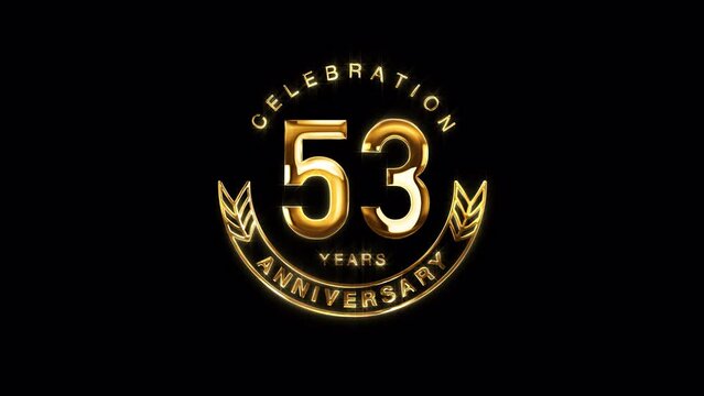 53rd Golden Anniversary Celebration. Happy 53 Years Anniversary Animation in Gold Color on the Transparent Background, Alpha Channel. Great for greetings, celebrations, events, and gifts.