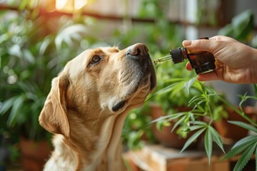 Fototapeta na wymiar A golden retriever dog closely sniffing a dropper, with various indoor plants in the background, highlighting a moment of curiosity and engagement in a home setting.