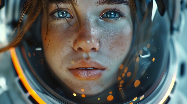 A Beautiful Woman Astronaut Portrait In Space, Close Up In A Space Suit Helmet, With A Cinematic, Hyper Realistic Style