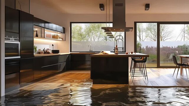 Flooded floor in kitchen from water leak. Damage. Property insurance