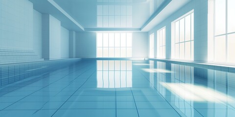 Obraz premium Empty swimming pool with clear blue water and racing lanes, perfect for exercise and competition, reflecting a healthy and active lifestyle.