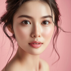 Obraz premium Closeup portrait of young Asian beautiful woman with Korean beauty make up style and healthy and perfect skin isolated on pink background for skincare commercial product advertising.