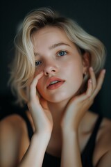 Fototapeta premium An attractive blonde woman posing for a close-up portrait, showcasing beauty and sensuality in fashion and skincare, emphasizing a flawless complexion and healthy appearance.