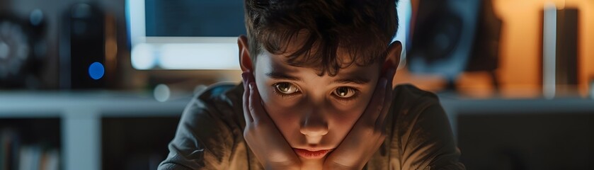 Fototapeta premium Troubled Boy Confronted with Hateful Online Messages on Computer Screen