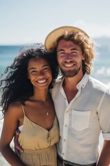 Obraz premium A smiling and romantic couple enjoys togetherness and fun on their holiday at the beach during summer.