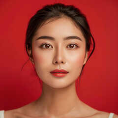 Fototapeta premium Closeup portrait of young Asian beautiful woman with Korean beauty make up style and healthy and perfect skin isolated on pink background for skincare commercial product advertising.