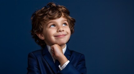 Confident Young Boy in Business Suit Pondering with Thoughtful Expression