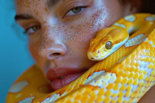 Close-up of a golden yellow snake lying peacefully on a model's neck, with a bright, contrasting blue background.