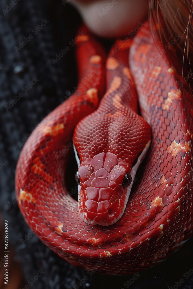 Poster detailed image of a deep red snake resting on a person's shoulder, highlighting the texture and colo
