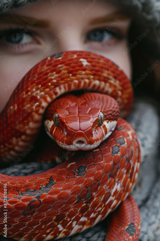 Poster detailed image of a deep red snake resting on a person's shoulder, highlighting the texture and colo