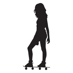  Silhouette girl with roller skate park town silhouette white background
