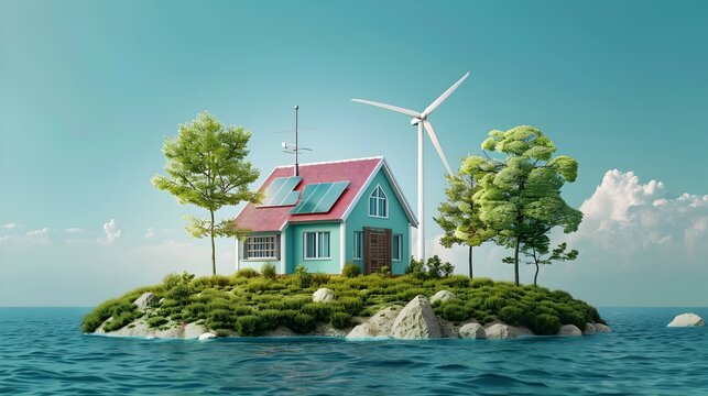 Eco Friendly Floating Island Retreat with Wind Turbine in Tranquil Tropical Landscape