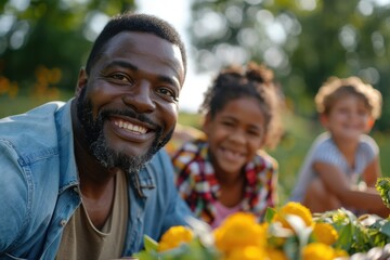 Happy family enjoying a picnic in the park, diverse group, smiling faces, vibrant greenery, candid moments, stock photography style