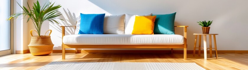 modern living room interior with white sofa, colorful pillows, and natural light.