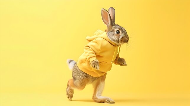 Energetic Anthropomorphic Rabbit in Sporty Attire Running on Yellow Background