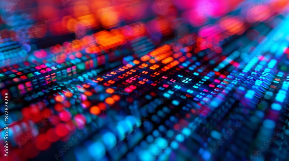 Poster abstract digital data flow - red, blue, and green lights in a matrix pattern.