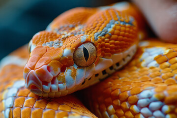 Fototapeta premium Macro image of a snake head peeking from behind a person's neck, showcasing its vibrant orange scales.