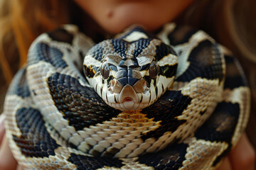 Obraz premium Detailed shot of a snake with striking white and black stripes, contrasting with the warm tones of a person skin,