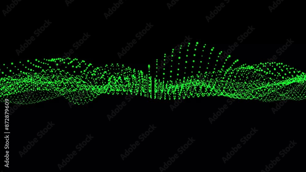 Poster abstract digital green dots wave animation. halftone dots background video. texture green dots on bl