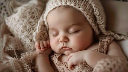 A newborn baby wearing a knitted outfit, peacefully sleeping in a crib