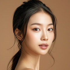 Fototapeta premium Closeup portrait of young Asian beautiful woman with Korean beauty make up style and healthy and perfect skin isolated on pink background for skincare commercial product advertising.