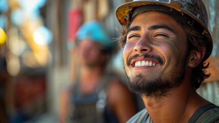 Fototapeta premium Construction Worker Smiling in Hard Hat During Daytime Work